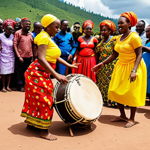 Home 11 **
A vibrant Rwandan wedding scene during the "Kwiyerekana" ritual. Focus on the "Intore" dancers in their energetic performance, with drums and vibrant traditional clothing. Capture the feeling of the ground vibrating from the dance. The two families should be in the background, facing each other.
**