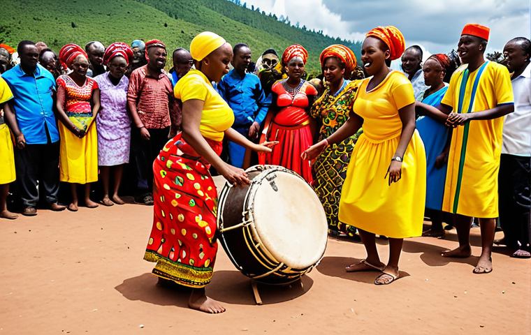 **
A vibrant Rwandan wedding scene during the "Kwiyerekana" ritual. Focus on the "Intore" dancers in their energetic performance, with drums and vibrant traditional clothing. Capture the feeling of the ground vibrating from the dance. The two families should be in the background, facing each other.
**