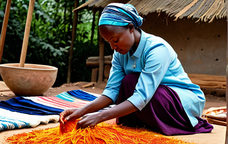 A Rwandan woman artisan, fully clothed in modest traditional attire, meticulously hand-dyeing fabrics with vibrant natural dyes in a sunlit outdoor workshop. Her hands are carefully dipping fabric into dye vats, surrounded by colorful textile samples and natural plant ingredients. The scene emphasizes authentic craft, cultural heritage, and sustainable practices. Perfect anatomy, correct proportions, natural pose, well-formed hands, proper finger count, natural body proportions. Professional photography, high resolution, soft lighting. Safe for work, appropriate content, fully clothed, professional.