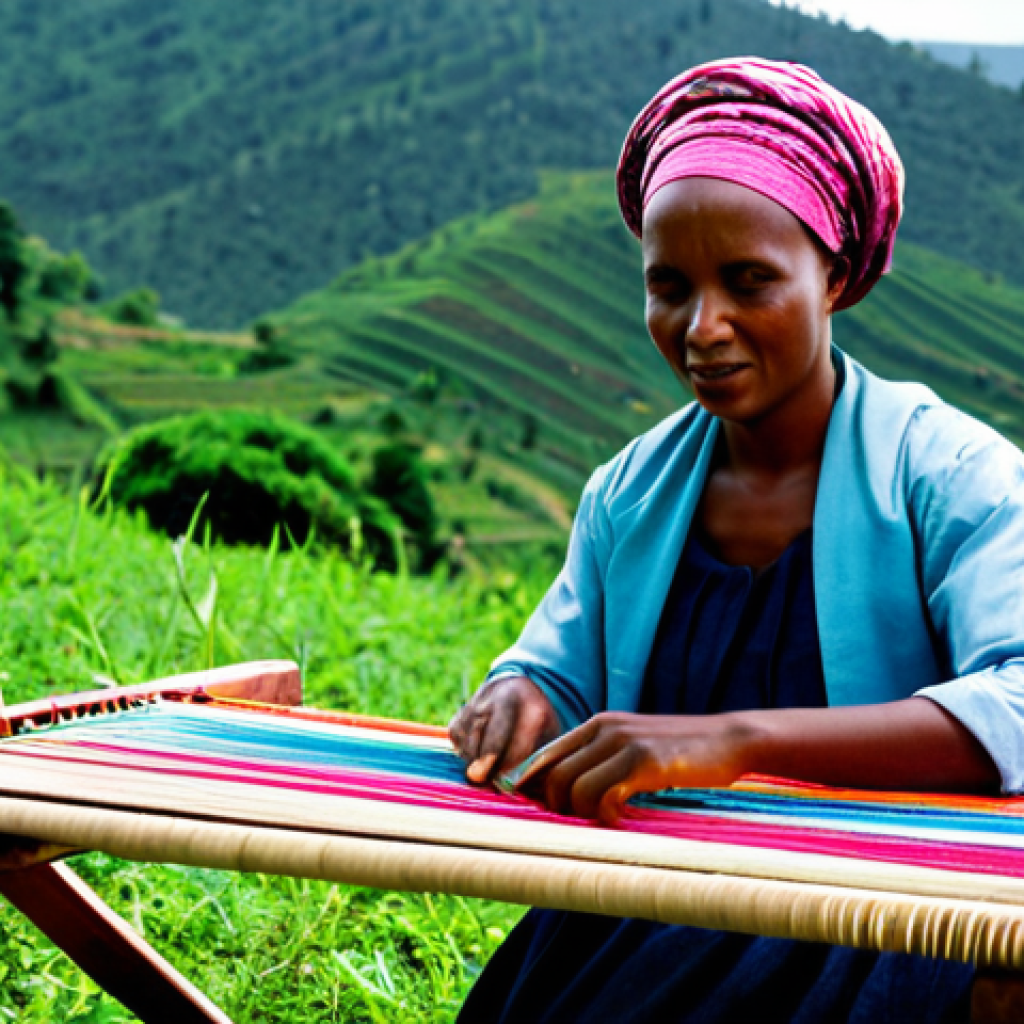 **

"A Rwandan artisan woman, fully clothed in modest traditional attire, weaving a vibrant fabric using a traditional loom in a bright, open-air workshop filled with colorful yarns and natural dyes. Background shows lush green hills. Safe for work, appropriate content, professional, perfect anatomy, natural proportions, well-formed hands, proper finger count, family-friendly."

**