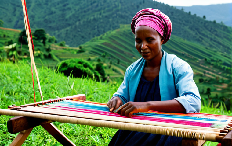 **

"A Rwandan artisan woman, fully clothed in modest traditional attire, weaving a vibrant fabric using a traditional loom in a bright, open-air workshop filled with colorful yarns and natural dyes. Background shows lush green hills. Safe for work, appropriate content, professional, perfect anatomy, natural proportions, well-formed hands, proper finger count, family-friendly."

**