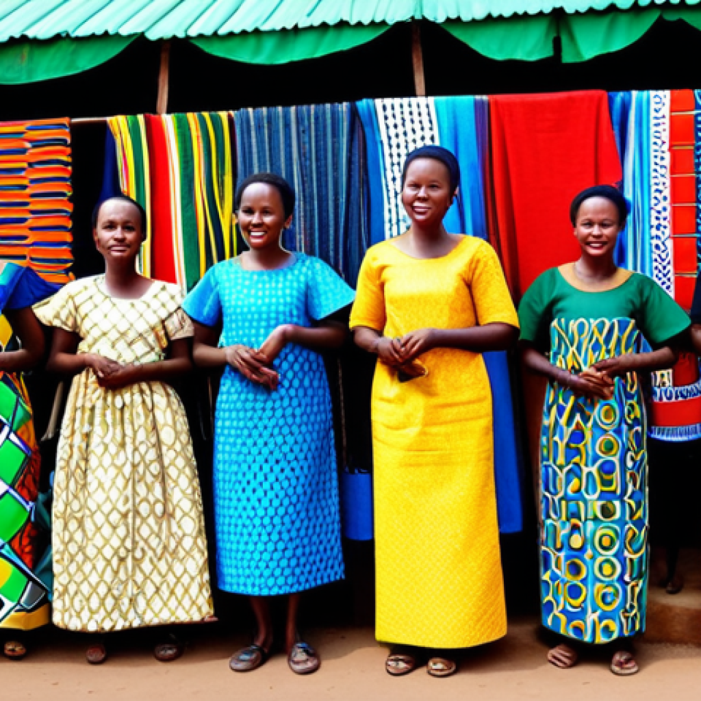 **
"A vibrant market scene in Rwanda, showcasing traditional clothing. Women are browsing colorful Imitako dresses with geometric and floral patterns. Many textiles displayed, with red, yellow, green, and blue fabrics prominent. Safe for work, fully clothed, modest clothing, appropriate content, professional photography, perfect anatomy, natural proportions, family-friendly atmosphere, well-formed hands, proper finger count."
**
