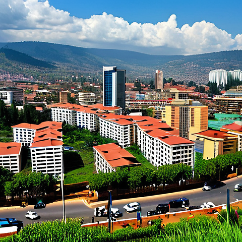 Kigali Cityscape - Economic Development**
"Modern cityscape of Kigali, Rwanda, showcasing new buildings and infrastructure projects, bustling streets with people in professional attire, daytime, bright and optimistic atmosphere, indicating economic growth, fully clothed, appropriate content, safe for work, perfect anatomy, natural proportions, professional photography, high quality, family-friendly."
**