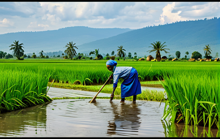 White Nile Agriculture**

"A Rwandan family working in a rice paddy field irrigated by the White Nile, fully clothed in traditional work attire, safe for work, appropriate content, professional photograph, perfect anatomy, correct proportions, natural pose, vibrant colors, lush greenery, clear water reflecting the sky, modest farming scene, family-friendly."

**