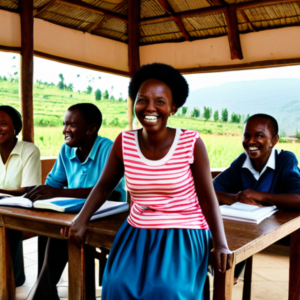 르완다 커뮤니티 센터 - A bright and welcoming community center in rural Rwanda, featuring a group of adults in modest cloth...