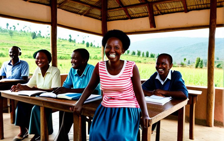 르완다 커뮤니티 센터 - A bright and welcoming community center in rural Rwanda, featuring a group of adults in modest cloth...
