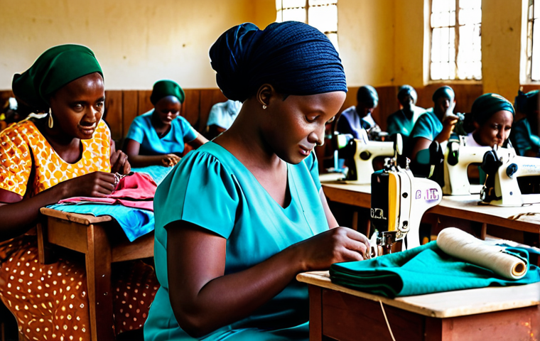 르완다 커뮤니티 센터 - A bright and welcoming community center in rural Rwanda, featuring a group of adults in modest cloth...