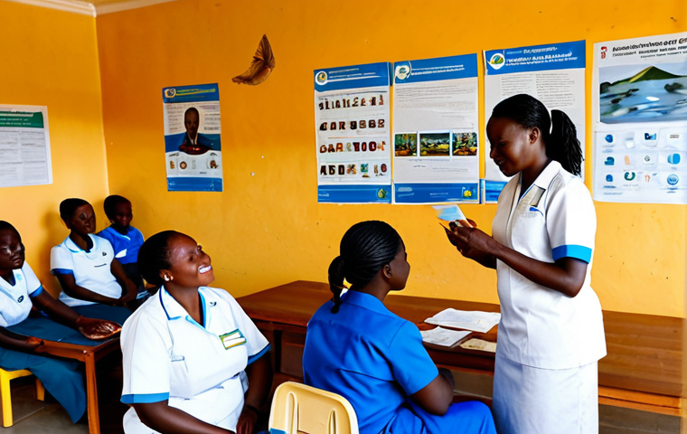 르완다 커뮤니티 센터 - A vocational training workshop in a Rwandan community center, showcasing women learning sewing skill...