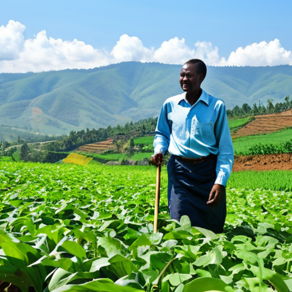 르완다와 국제 NGO 활동 - Sustainable Agriculture**
A Rwandan farmer, fully clothed in work attire, tending to a lush, green ...