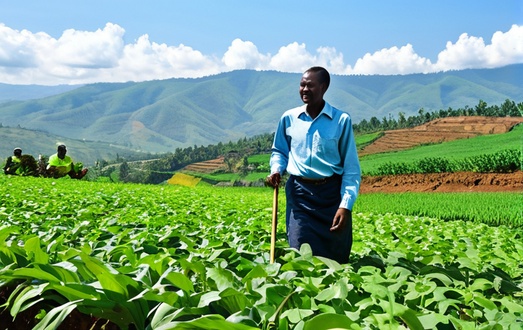 르완다와 국제 NGO 활동 - Sustainable Agriculture**

A Rwandan farmer, fully clothed in work attire, tending to a lush, green ...