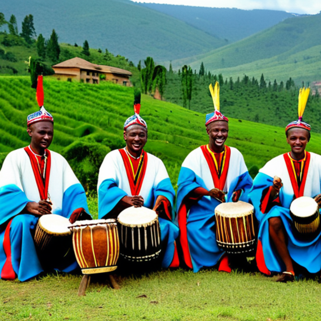 르완다의 전통 음악 공연 - Ingoma Drummers**

"A group of Rwandan Ingoma drummers performing outdoors, fully clothed in traditi...