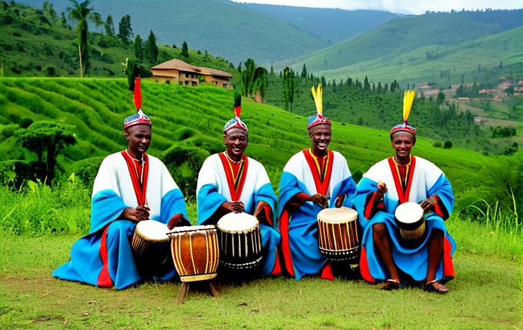 르완다의 전통 음악 공연 - Ingoma Drummers**

"A group of Rwandan Ingoma drummers performing outdoors, fully clothed in traditi...