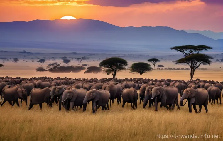 르완다와 케냐 비교 - **Prompt:** A breathtaking, cinematic wide shot of the Great Migration in Kenya's Masai Mara. Thousa...