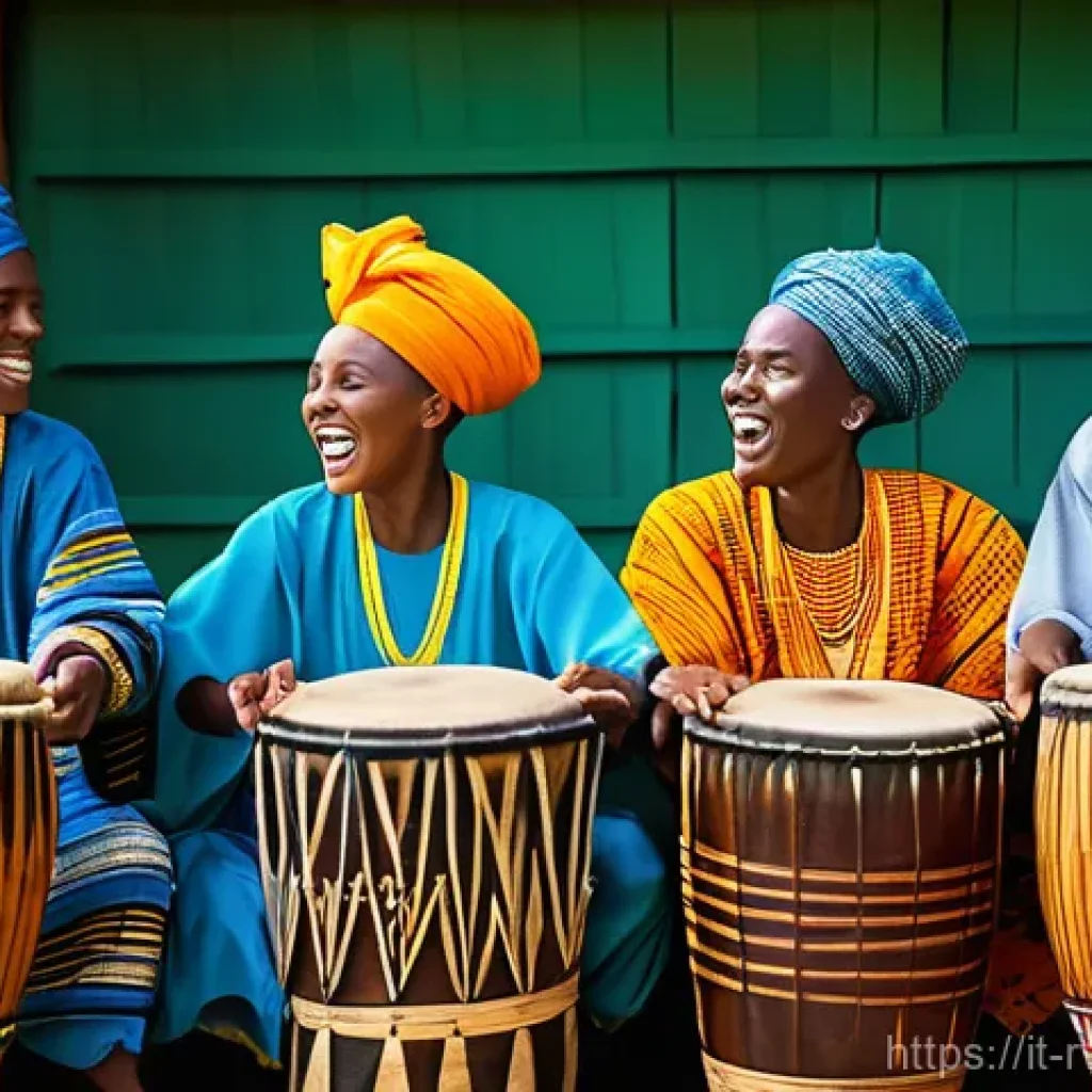 르완다의 전통 악기 제작 - **A Vibrant Rwandan Ingoma Performance:**
A dynamic, colorful illustration of a group of Rwandan...