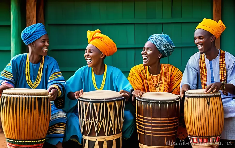 르완다의 전통 악기 제작 - **A Vibrant Rwandan Ingoma Performance:**
A dynamic, colorful illustration of a group of Rwandan...