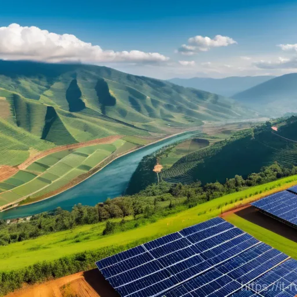 르완다의 에너지 정책 - **A Vibrant Rwandan Renewable Energy Hub:**
A panoramic, high-angle shot showcasing Rwanda's com...