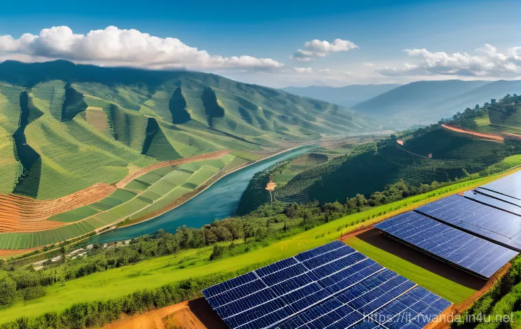 르완다의 에너지 정책 - **A Vibrant Rwandan Renewable Energy Hub:**
    A panoramic, high-angle shot showcasing Rwanda's com...