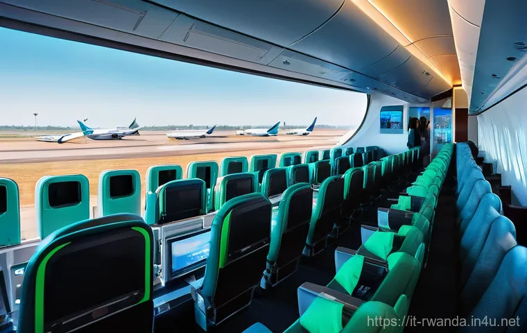 르완다의 항공 정책 - The interior features sleek black leather seats with green accents, and subtle Rwandan-inspired patt...