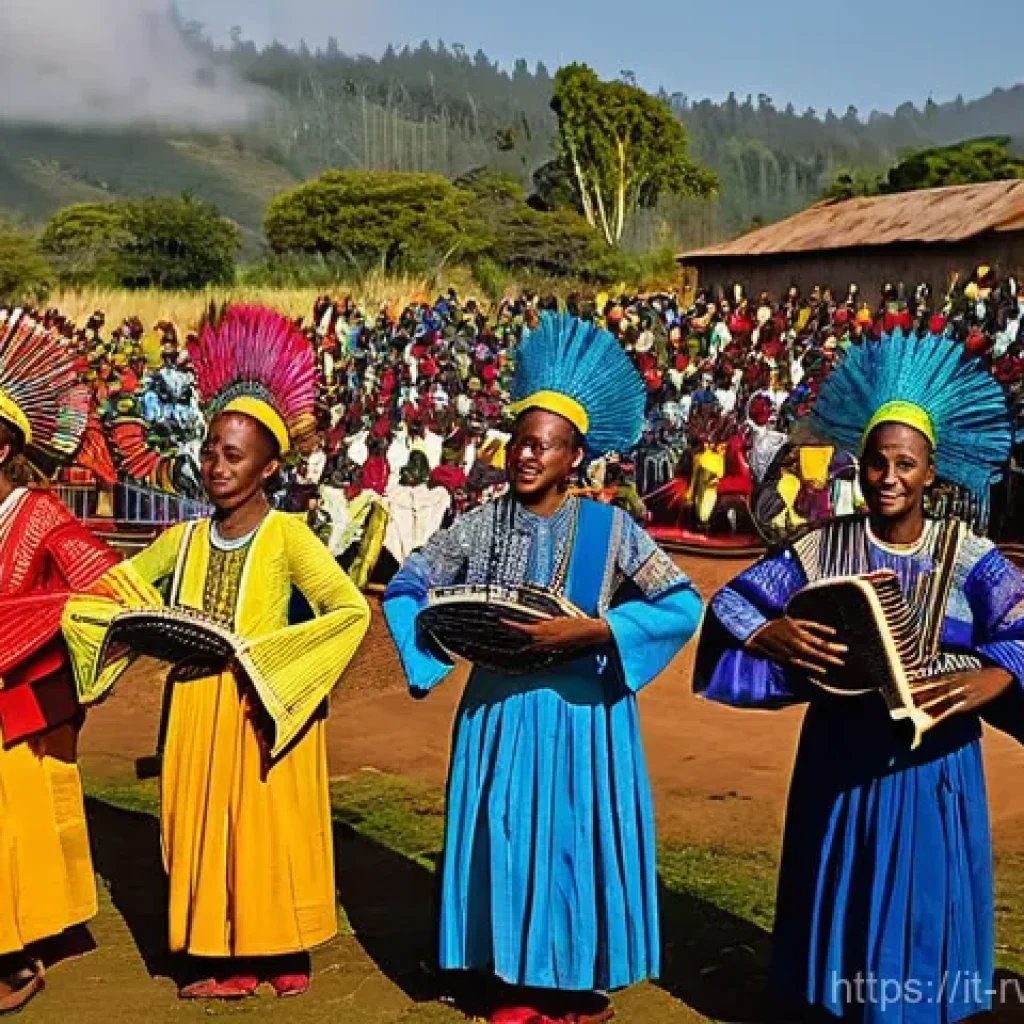 르완다 민속 음악의 교육적 가치 - **Prompt 1: Vibrant Rwandan Intore Dance Performance**
"A wide-angle, highly detailed photograph...
