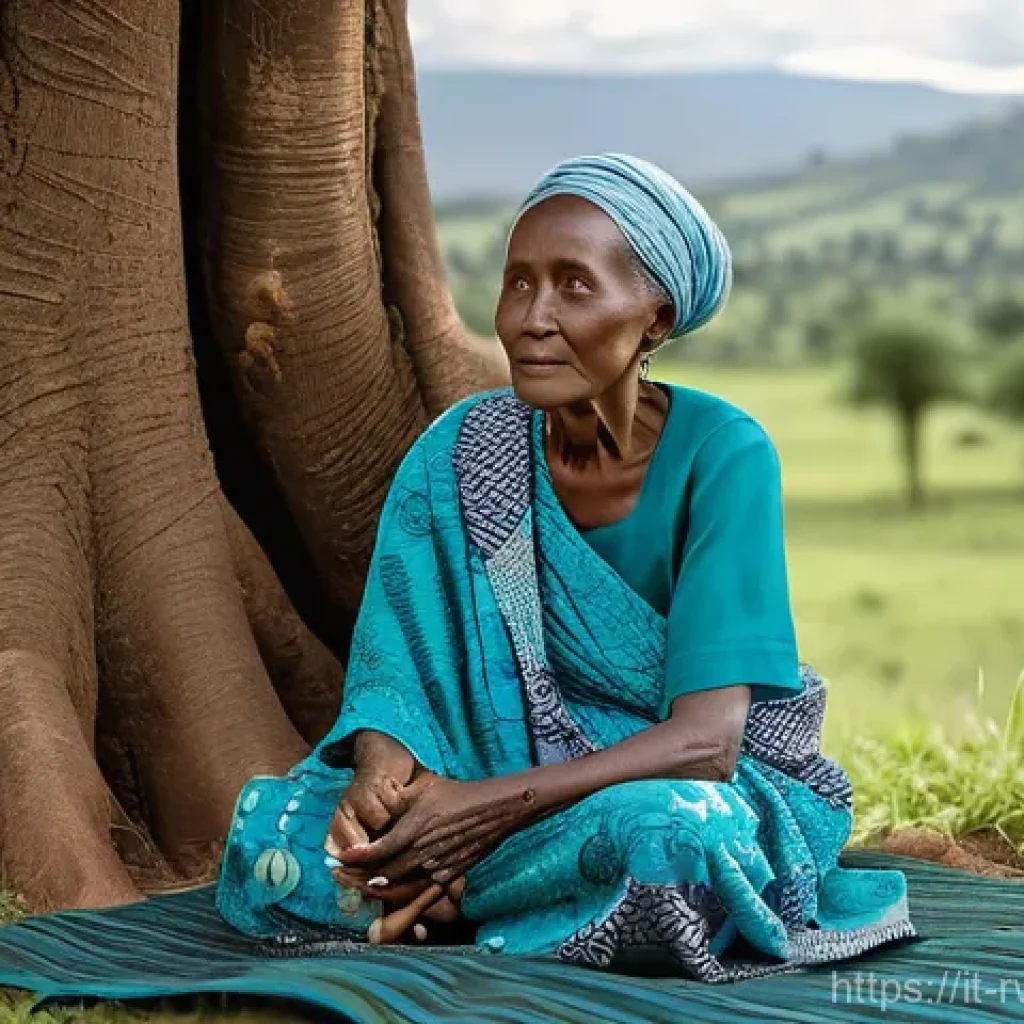 르완다의 문학과 시 - A serene and captivating image depicting an elderly Rwandan woman, with a wise and gentle expression...