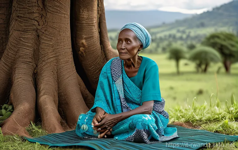 르완다의 문학과 시 - A serene and captivating image depicting an elderly Rwandan woman, with a wise and gentle expression...