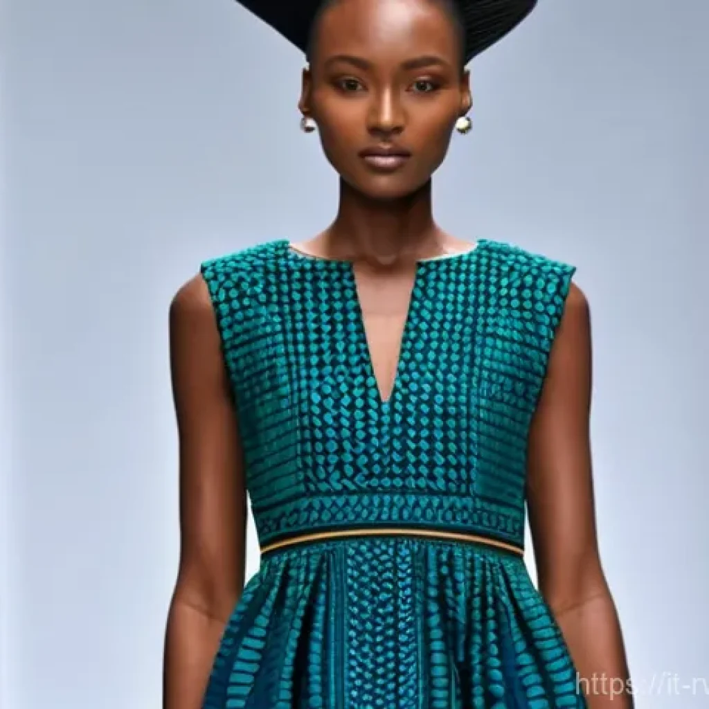 르완다의 주요 직물 산업 - **Prompt:** A fashion model, fully clothed in a stylish, modern knee-length dress made from vibrant ...