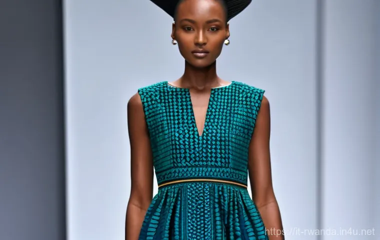 르완다의 주요 직물 산업 - **Prompt:** A fashion model, fully clothed in a stylish, modern knee-length dress made from vibrant ...