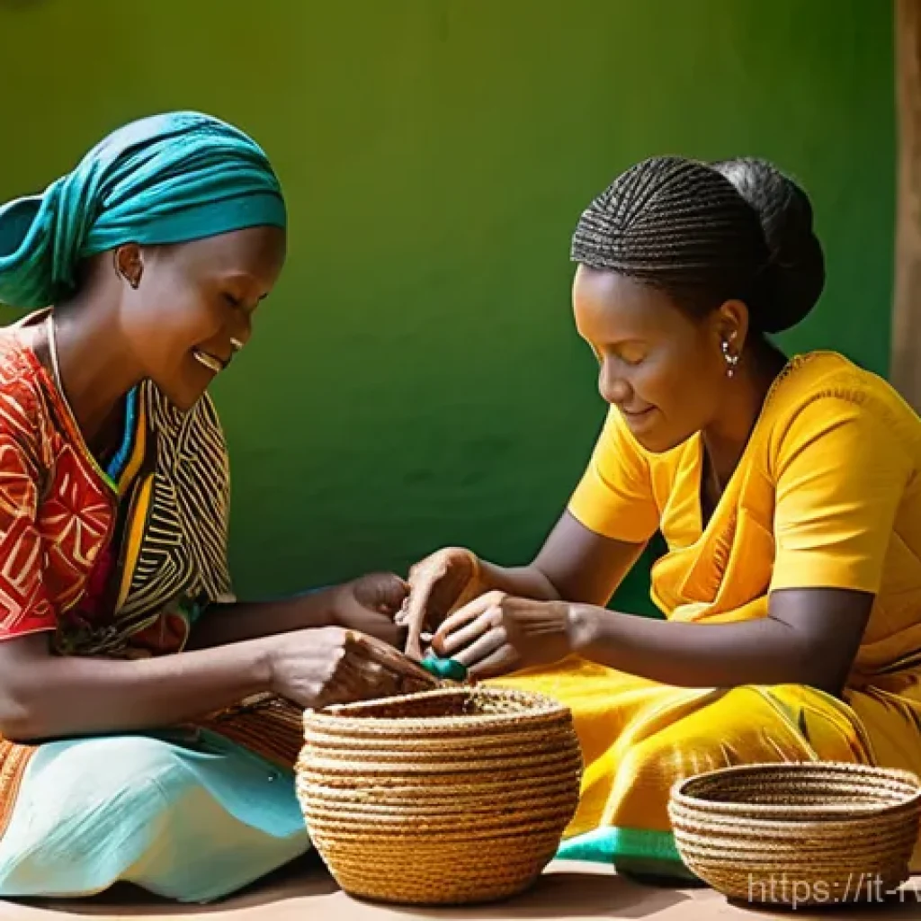 르완다에서의 전통 공예 체험 - **Rwandan Women Artisans Weaving Baskets and Crafting Imigongo Art:** A vibrant scene set in a sun-d...