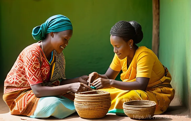 르완다에서의 전통 공예 체험 - **Rwandan Women Artisans Weaving Baskets and Crafting Imigongo Art:** A vibrant scene set in a sun-d...