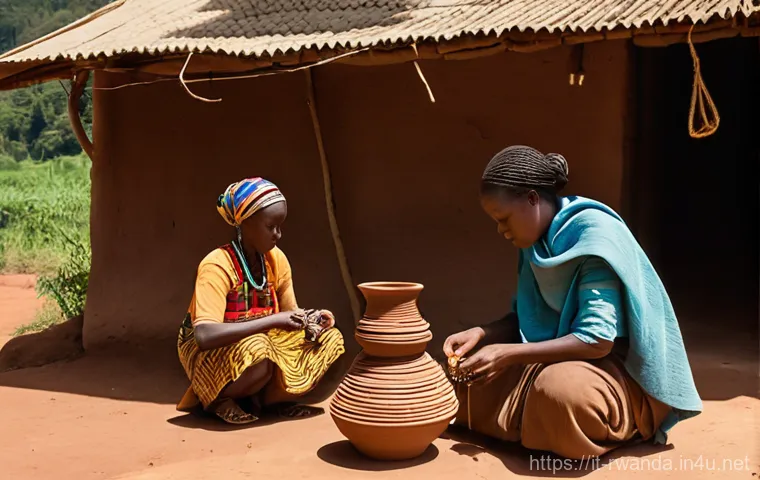 르완다에서의 전통 공예 체험 - **Rwandan Women Artisans Weaving Baskets and Crafting Imigongo Art:** A vibrant scene set in a sun-d...