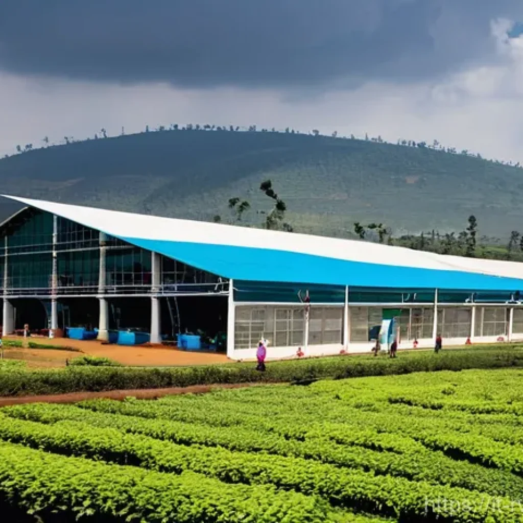 르완다의 국제 무역 정책 - **Prompt: Vibrant Rwandan Agribusiness and Manufacturing Hub.**
"A wide shot showcasing a modern...