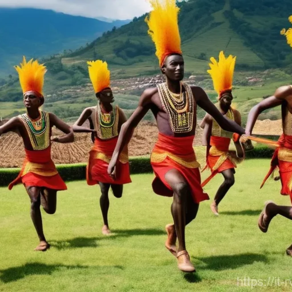 르완다 민속 춤의 주요 공연장 분석 - **Prompt: Dynamic Intore Warrior Dance Performance**
A group of Rwandan male Intore dancers perf...