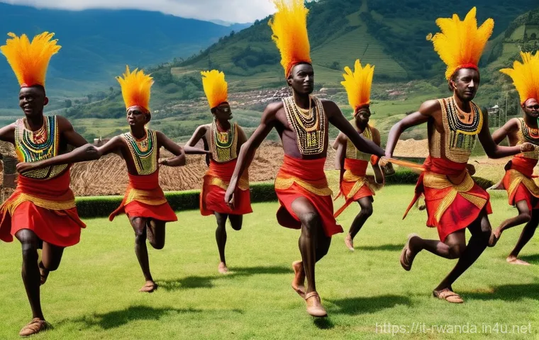 르완다 민속 춤의 주요 공연장 분석 - **Prompt: Dynamic Intore Warrior Dance Performance**
    A group of Rwandan male Intore dancers perf...