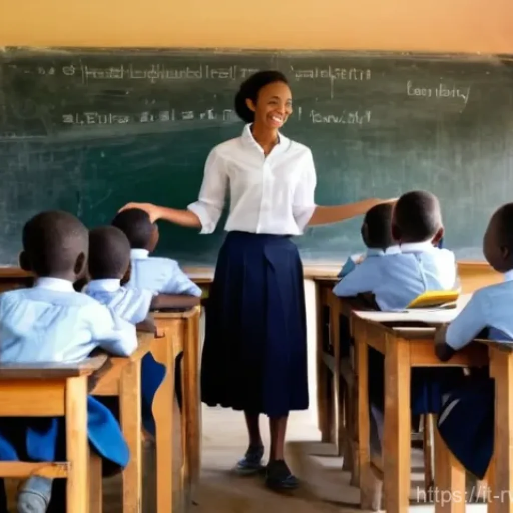 르완다에서의 교육 봉사 - **Prompt:** A heartwarming scene inside a rural Rwandan primary school classroom. A female volunteer...