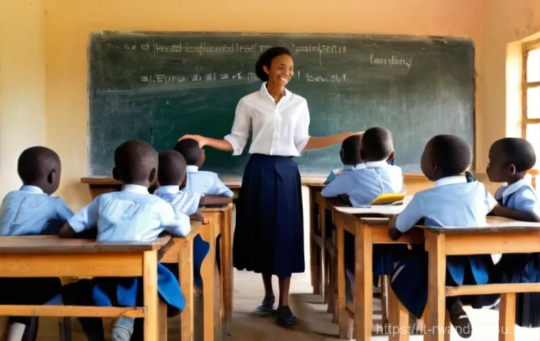 르완다에서의 교육 봉사 - **Prompt:** A heartwarming scene inside a rural Rwandan primary school classroom. A female volunteer...