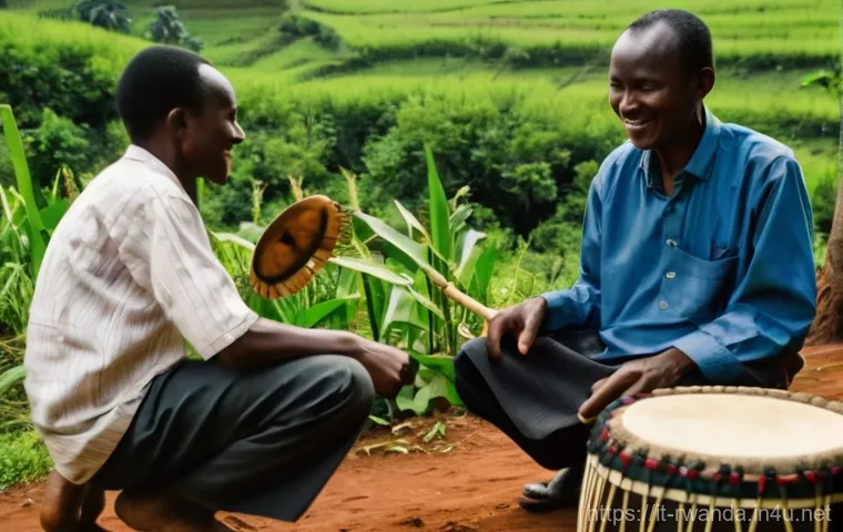 르완다 민속 음악 문화체험 클래스 - **Prompt:** A serene and sunlit outdoor setting in rural Rwanda, featuring a small group of people e...