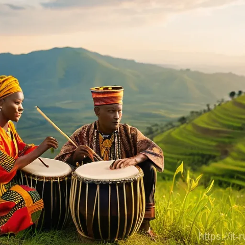 르완다 민속 음악의 사회적 영향 - **Prompt: The Heartbeat of Rwanda: Gakondo Musicians**

    "A vibrant, eye-level full shot of a gro...