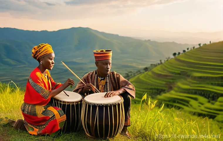 르완다 민속 음악의 사회적 영향 - **Prompt: The Heartbeat of Rwanda: Gakondo Musicians**

    "A vibrant, eye-level full shot of a gro...