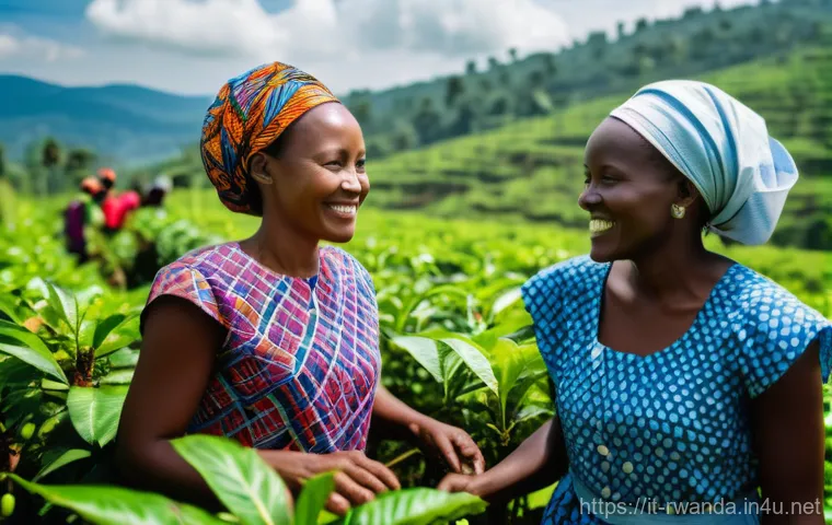 르완다에서의 일자리 창출 - A group of cheerful Rwandan women, dressed in vibrant, modest work attire that blends traditional pa...