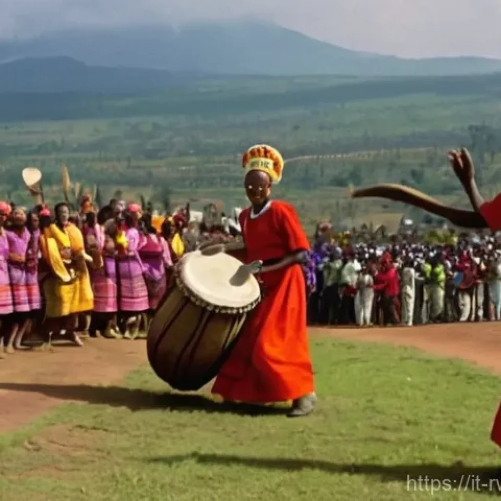 르완다 민속 음악 페스티벌 - **Vibrant Rwandan Folk Dance at Festival:**
    A dynamic wide shot capturing an outdoor Rwandan fol...