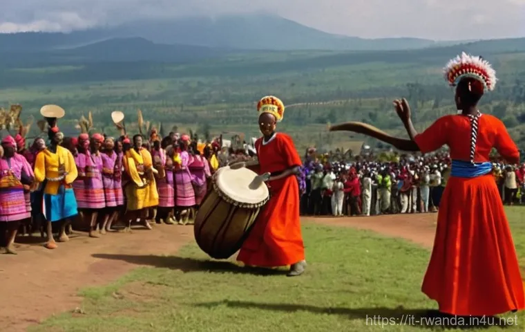 르완다 민속 음악 페스티벌 - **Vibrant Rwandan Folk Dance at Festival:**
A dynamic wide shot capturing an outdoor Rwandan fol...