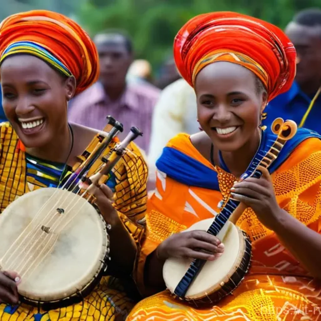 르완다 민속 음악 축제의 성공 요인 - **Vibrant Rwandan Folk Performance:** A lively outdoor scene at a Rwandan folk music festival. An ol...