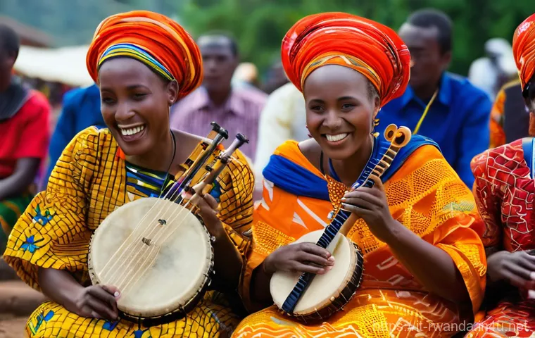 르완다 민속 음악 축제의 성공 요인 - **Vibrant Rwandan Folk Performance:** A lively outdoor scene at a Rwandan folk music festival. An ol...