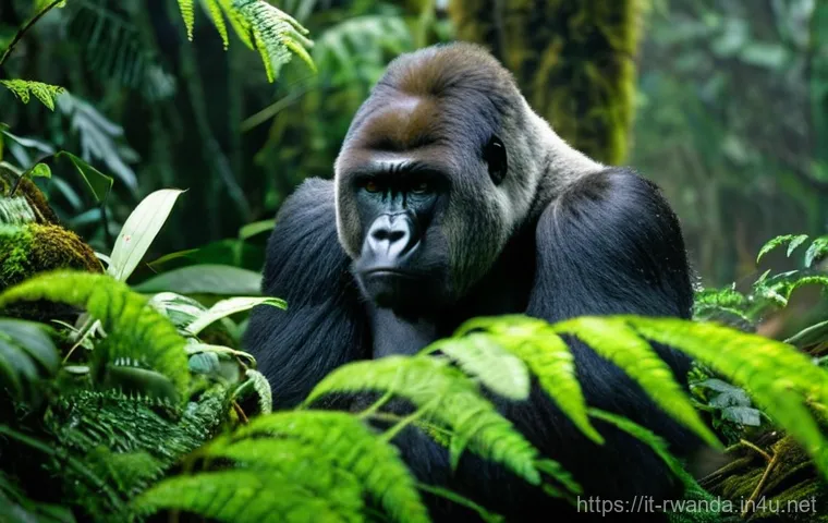 르완다 관광지 추천 - **Prompt:** A majestic silverback mountain gorilla sitting calmly amidst dense, misty rainforest fol...