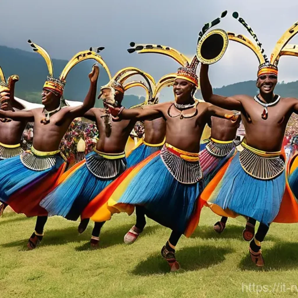 르완다 전통 춤의 역사 - **"A vibrant and energetic scene depicting a group of athletic Rwandan Intore dancers in mid-air dur...