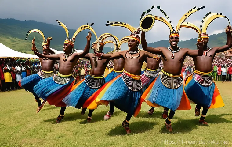 르완다 전통 춤의 역사 - **"A vibrant and energetic scene depicting a group of athletic Rwandan Intore dancers in mid-air dur...