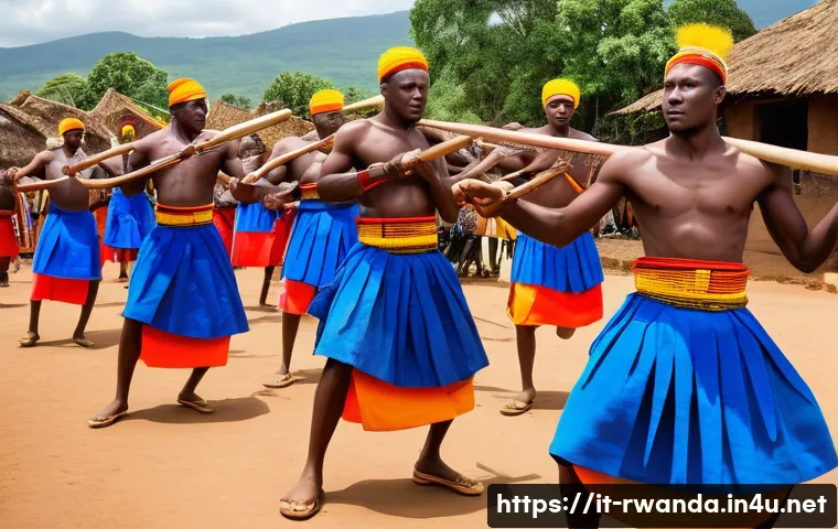 르완다 민속 음악 - **Prompt:** "A vibrant scene of traditional Rwandan music and dance in a village square. In the fore...