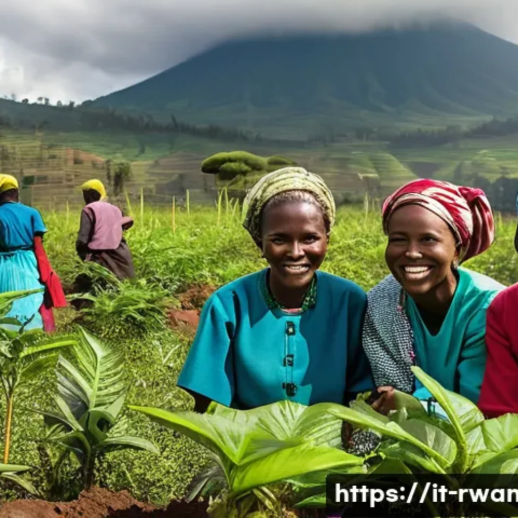 르완다의 동물 보호 프로젝트 - **Prompt:** A vibrant, sun-drenched scene in a Rwandan village bordering Volcanoes National Park. A ...