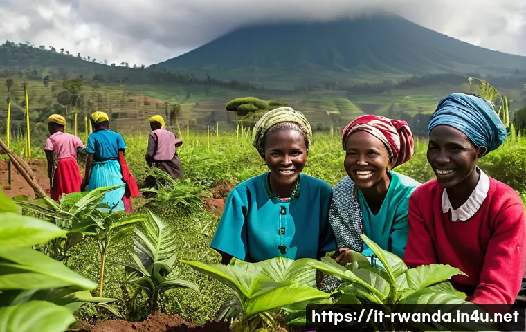 르완다의 동물 보호 프로젝트 - **Prompt:** A vibrant, sun-drenched scene in a Rwandan village bordering Volcanoes National Park. A ...