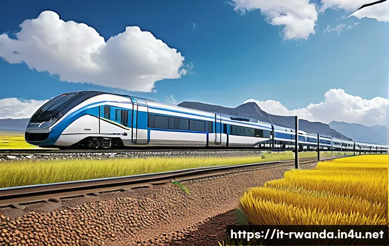 르완다의 철도 프로젝트 - **Prompt 1: "A futuristic Standard Gauge Railway (SGR) train smoothly traversing a vibrant East Afri...